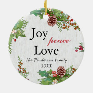 Rustic Family Photo 2-sided Joy Peace Love Xmas Ceramic Tree Decoration