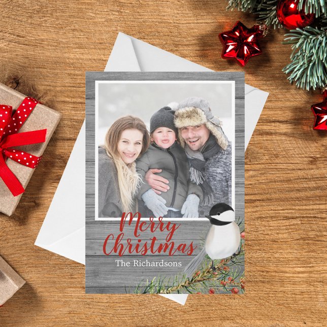Rustic Family Photo Chickadee Christmas Card (Creator Uploaded)