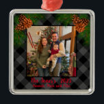 Rustic family photo Christmas grey plaid pinecone Metal Tree Decoration<br><div class="desc">Rustic country up-north feeling ! Grey and Black plaid - pine cones - holiday cheer,  elegant script calligraphy text! Customisable - change text style add your own photo,  make it your own!</div>