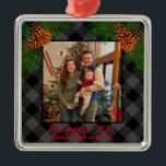 Rustic family photo Christmas grey plaid pinecone Metal Tree Decoration<br><div class="desc">Rustic country up-north feeling ! Grey and Black plaid - pine cones - holiday cheer,  elegant script calligraphy text! Customisable - change text style add your own photo,  make it your own!</div>
