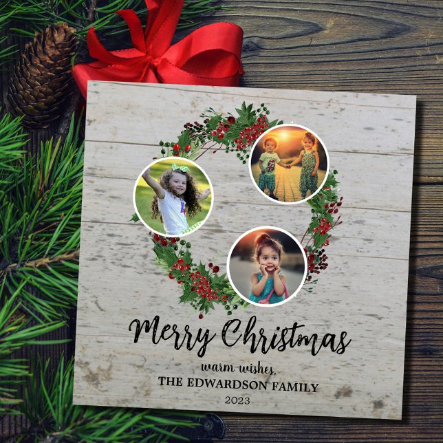 Rustic family photo collage Merry Holiday card (Create your own photo collage on winter botanical wreath, Merry Christmas card. )