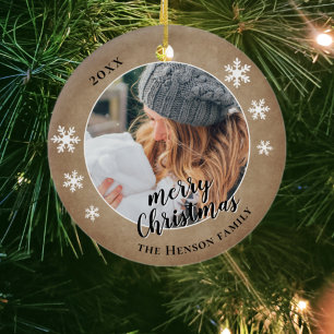Rustic Family Photo Snowflake Merry Christmas  Ceramic Tree Decoration