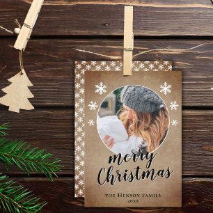 Rustic Family Photo Snowflake Merry Christmas Holiday Card