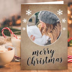 Rustic Family Photo Snowflake Merry Christmas Holiday Card