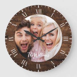 Rustic Family Photo with Modern Script Large Clock