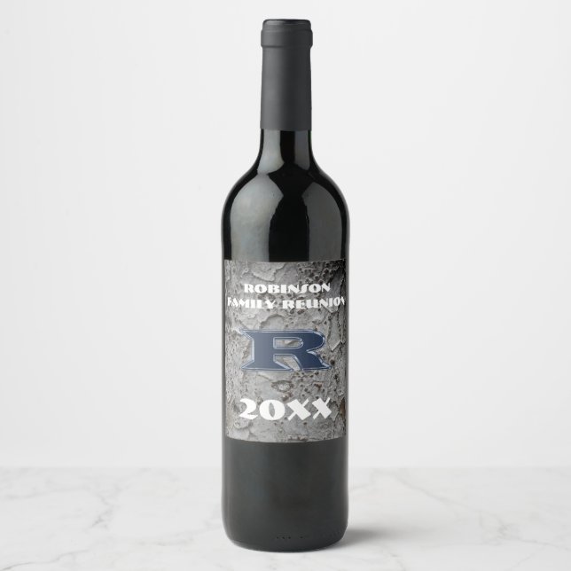 Rustic Family Reunion Blue Letter R Monogram Wine Label (Front)