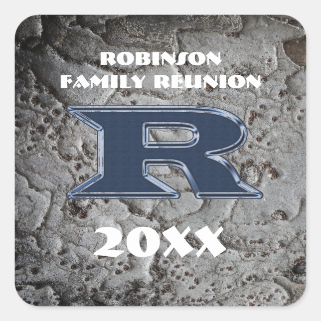 Rustic Family Reunion Bold Blue Letter R Monogram Square Sticker (Front)