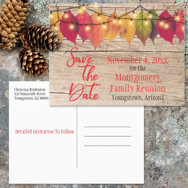 Rustic Family Reunion Save The Date Autumn Leaves Announcement Postcard (Creator Uploaded)
