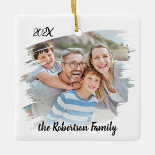 Rustic Family Two Photo Modern Brushstroke Ceramic Ornament