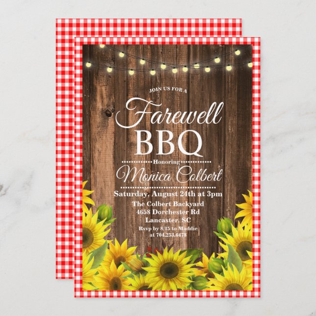 Rustic Farewell BBQ Sunflower Invitation (Front/Back)