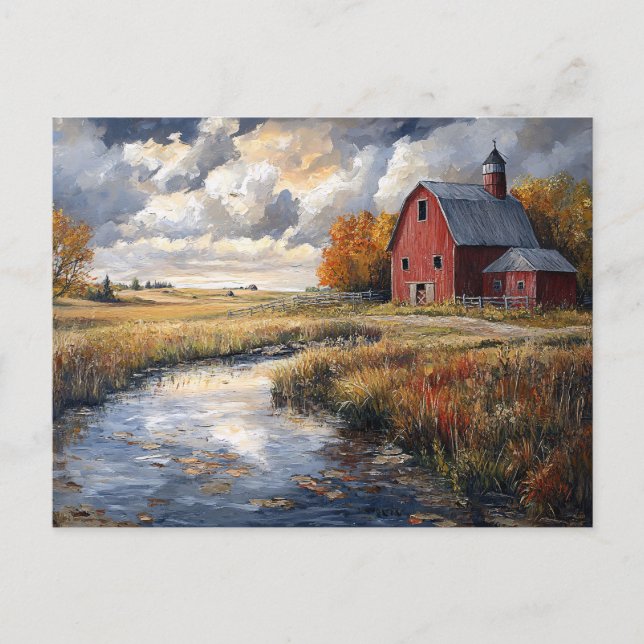 Rustic Farm and Stream Landscape Postcard (Front)