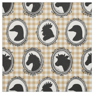 Rustic Farm Animal Barnyard Check Black Khaki Fabric