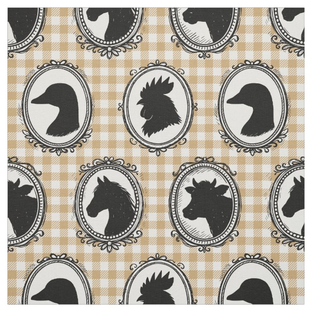 Rustic Farm Animal Barnyard Check Black Khaki Fabric (Swatch)