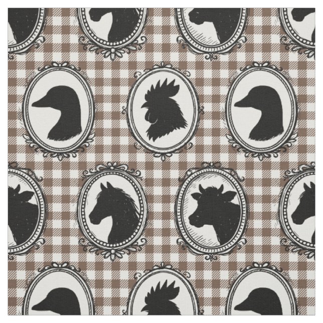 Rustic Farm Animal Barnyard Check Black Mocha Fabric (Swatch)