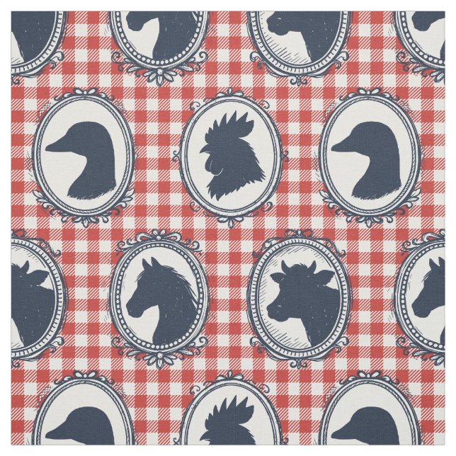 Rustic Farm Animal Barnyard Check - Red Navy Fabric (Swatch)