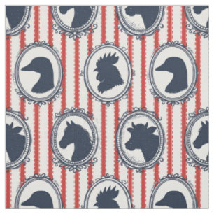 Rustic Farm Animal Barnyard Ticking Red & Navy Fabric