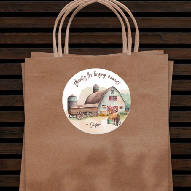 Rustic Farm Animal Horse Birthday Thank You Classic Round Sticker (Creator Uploaded)