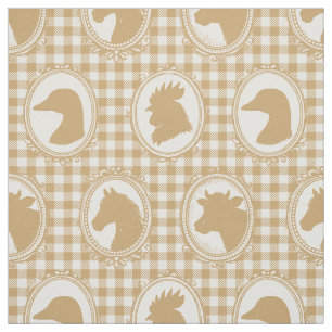 Rustic Farm Animal Silhouette Barnyard Khaki Check Fabric