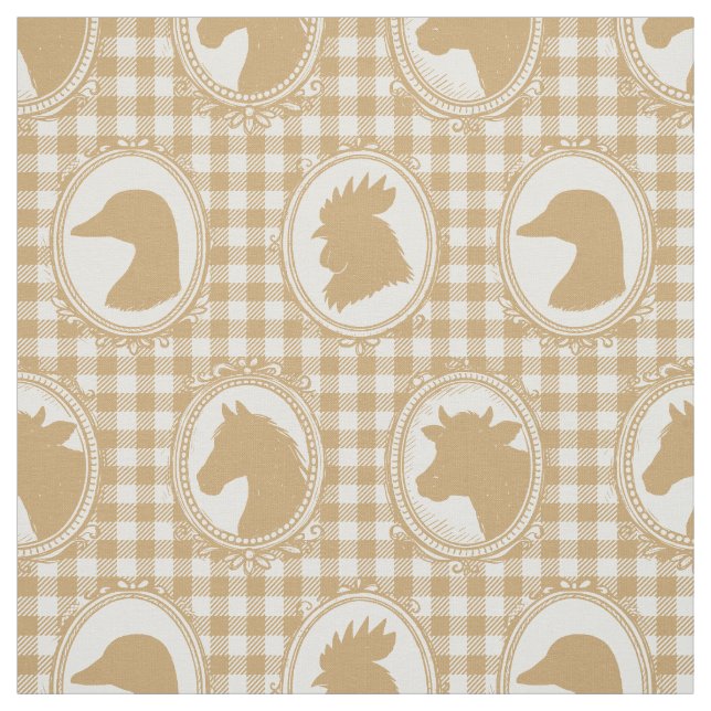 Rustic Farm Animal Silhouette Barnyard Khaki Check Fabric (Swatch)