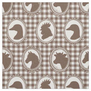 Rustic Farm Animal Silhouette Barnyard Mocha Check Fabric