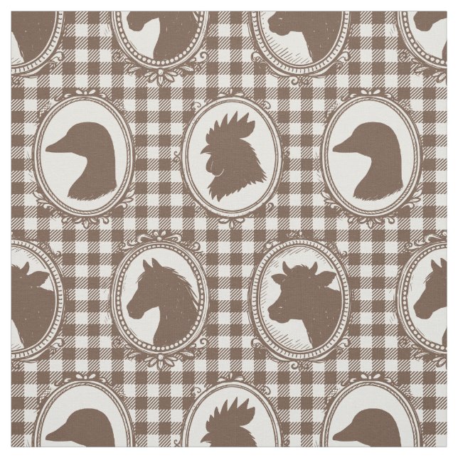 Rustic Farm Animal Silhouette Barnyard Mocha Check Fabric (Swatch)