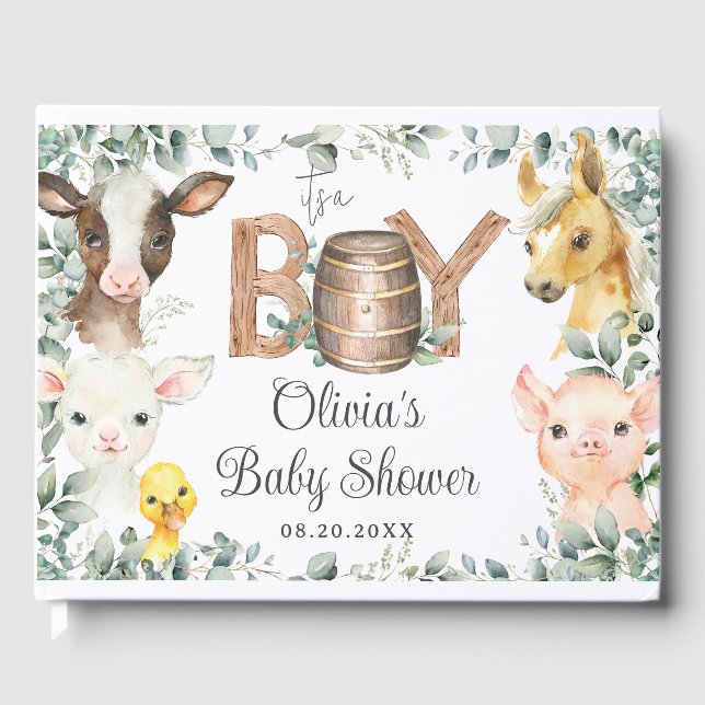 Rustic Farm Animals Barn Greenery Boy Baby Shower  Guest Book (Front)