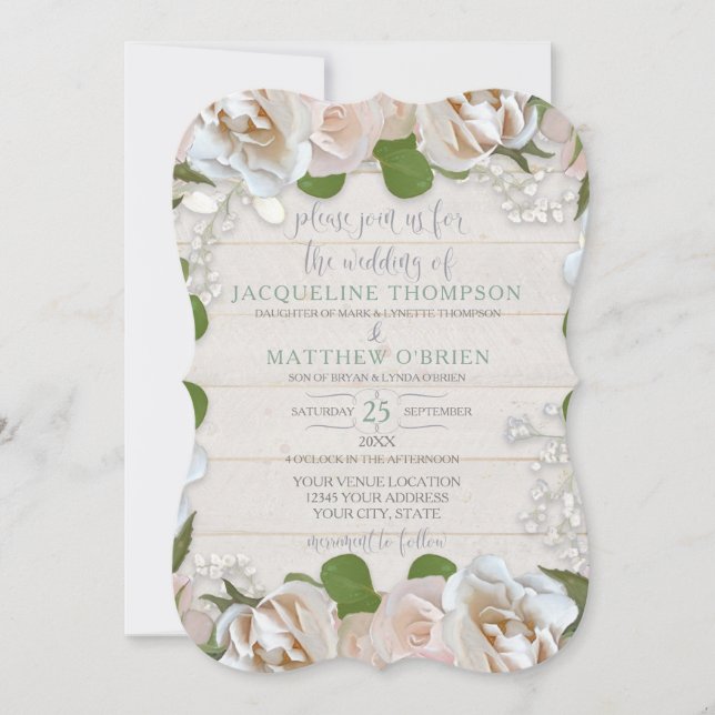 Rustic Farm Barn Blush Rose Floral Modern Wreath Invitation (Front)