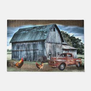 Rustic Farm Barn Red Truck Rooster Hen Doormat