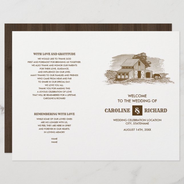 Rustic Farm Barn Wood Wedding Folded Program (Front/Back)