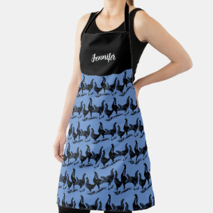 Rustic farm chickens blue family monogram name apron