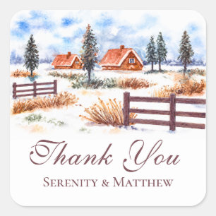 Rustic Farm Country Watercolor Winter Thank You Square Sticker