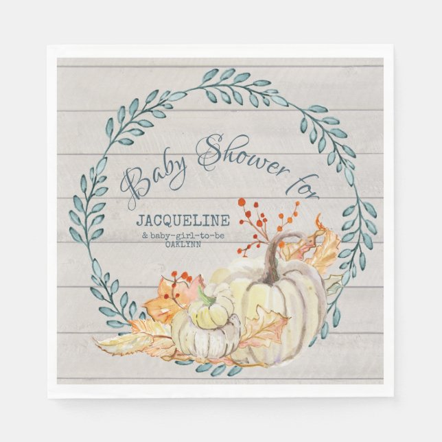 Rustic Farm Fall Wreath n Pumpkin Baby Shower Napkin (Front)