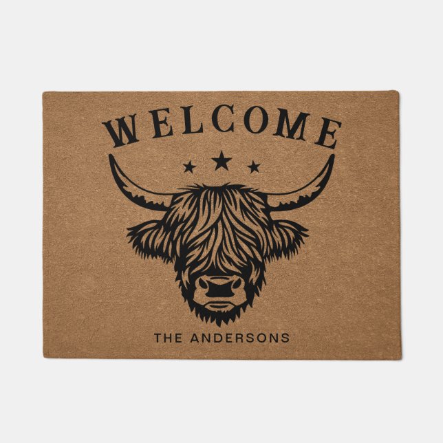 Rustic Farm Highland Cow Family House Doormat (Front)