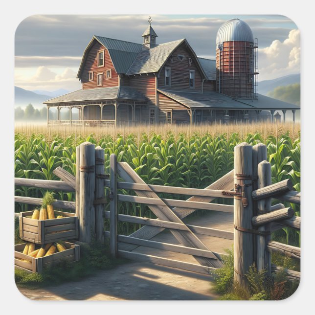 Rustic Farm House with a Cornfield Ai Art Square Sticker (Front)