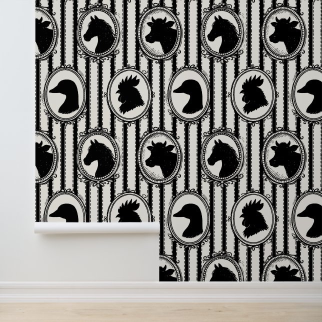 Rustic Farm Kitchen Barnyard Black Ticking Stripe Wallpaper (Application)