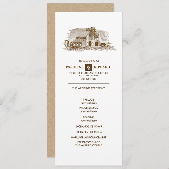 Rustic Farm, Kraft Paper Wedding Program Programme (Front/Back)