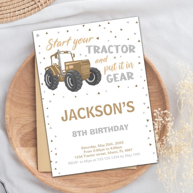Rustic Farm Party Card for Boys (Brown Tractor Birthday Invitations)