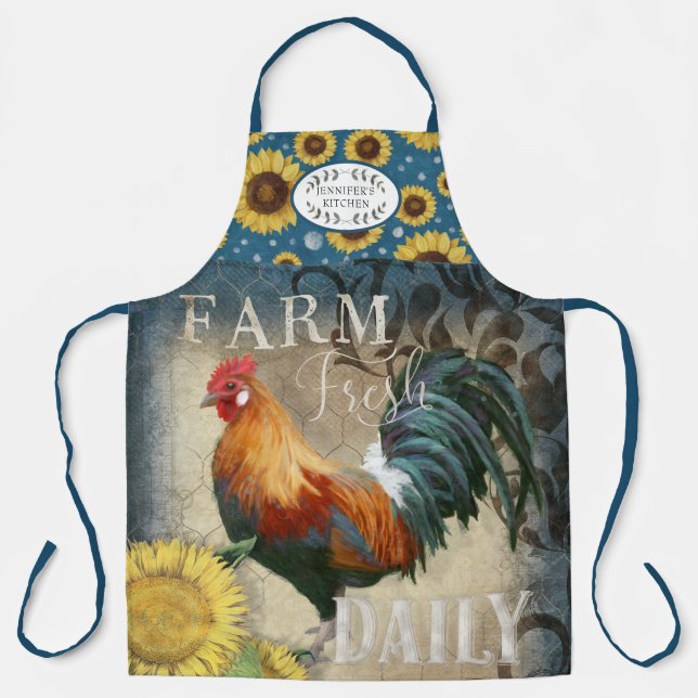 Rustic Farm Rooster Sunflowers Blue Kitchen Name A Apron (Front)