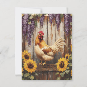 Rustic Farm Rooster with Sunflowers and Wisteria Postcard