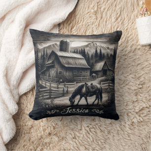 Rustic Farm Scene at Dusk With Grazing Horse Cushion