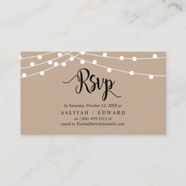 Rustic Farm String lights, Black, RSVP respond Enclosure Card (Front)