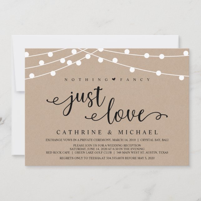 Rustic Farm String Lights, Kraft Wedding Elopement Invitation (Front)