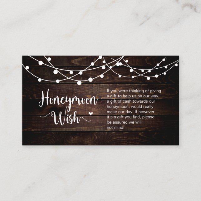 Rustic Farm String Lights, Wood, Honeymoon Wish Enclosure Card (Front)