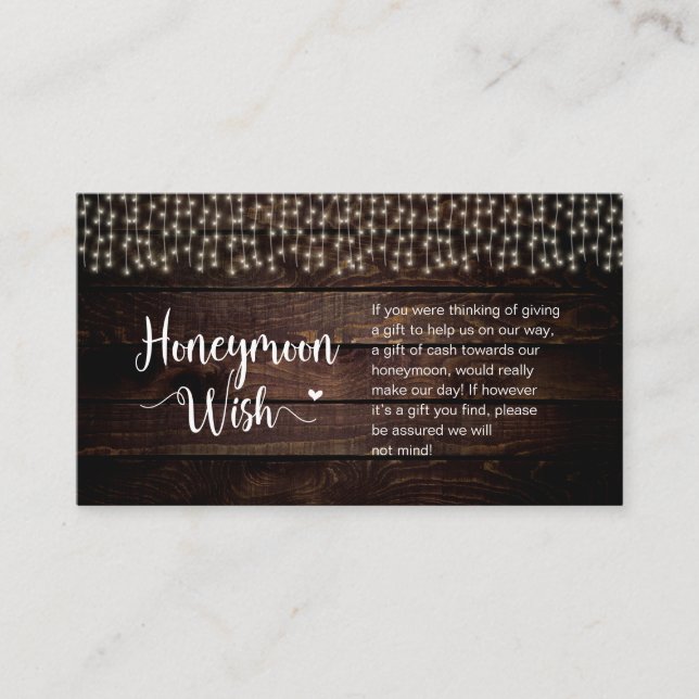 Rustic Farm String Lights, Wood, Honeymoon Wish Enclosure Card (Front)