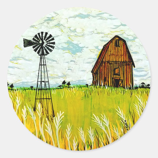 Rustic Farm Summer Landscape Classic Round Sticker (Front)