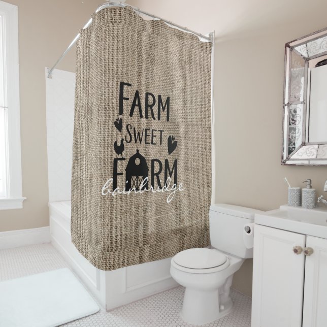 Rustic Farm Sweet Farm Farmhouse Personalised Shower Curtain (In Situ)