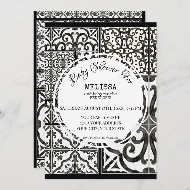 Rustic Farm Tile Black White Modern Baby Shower Invitation (Front/Back)