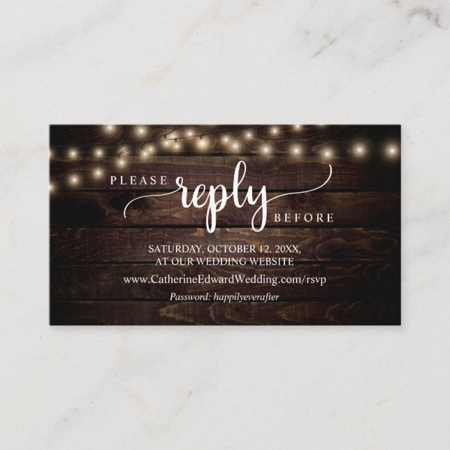Rustic Farm Wood, String Lights, Online RSVP Enclo Enclosure Card (Front)