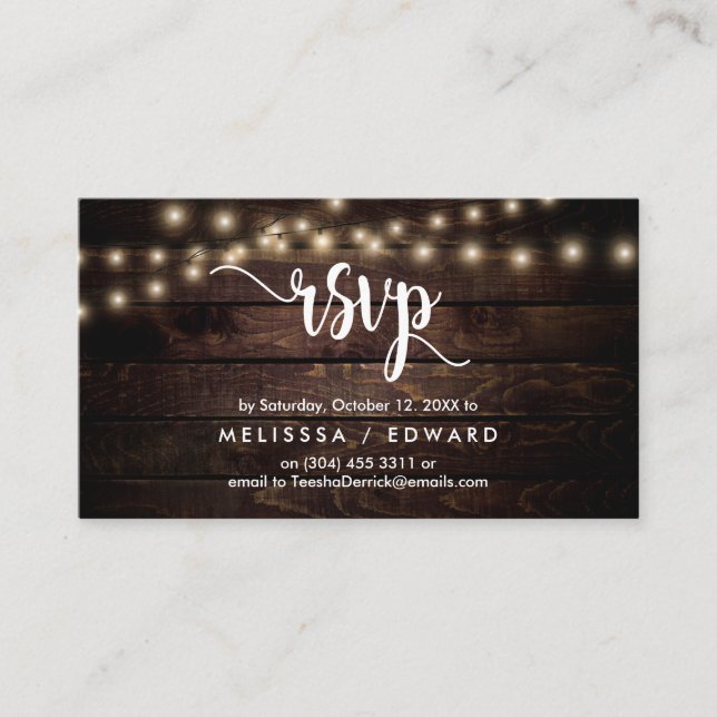Rustic Farm Wood, String Lights, RSVP respond Enclosure Card (Front)
