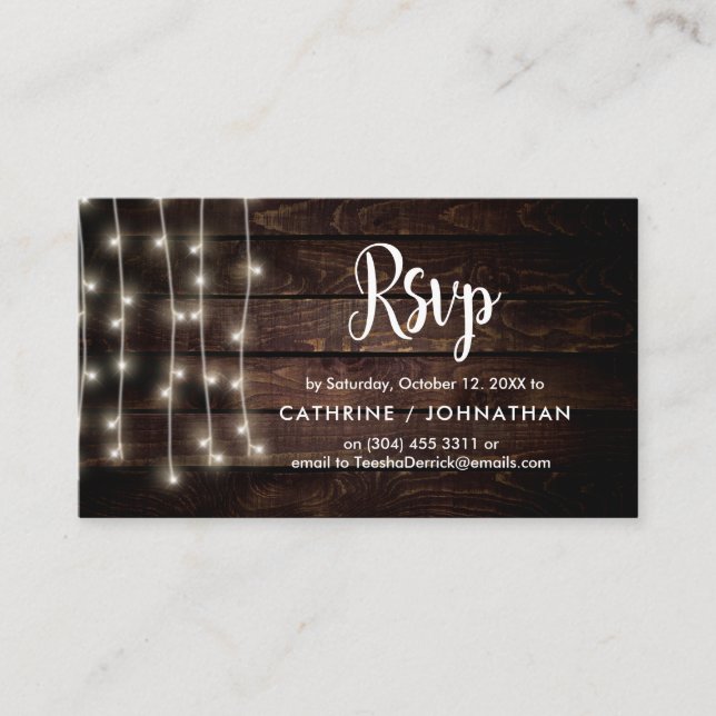 Rustic Farm Wood, String Lights, RSVP respond Enclosure Card (Front)